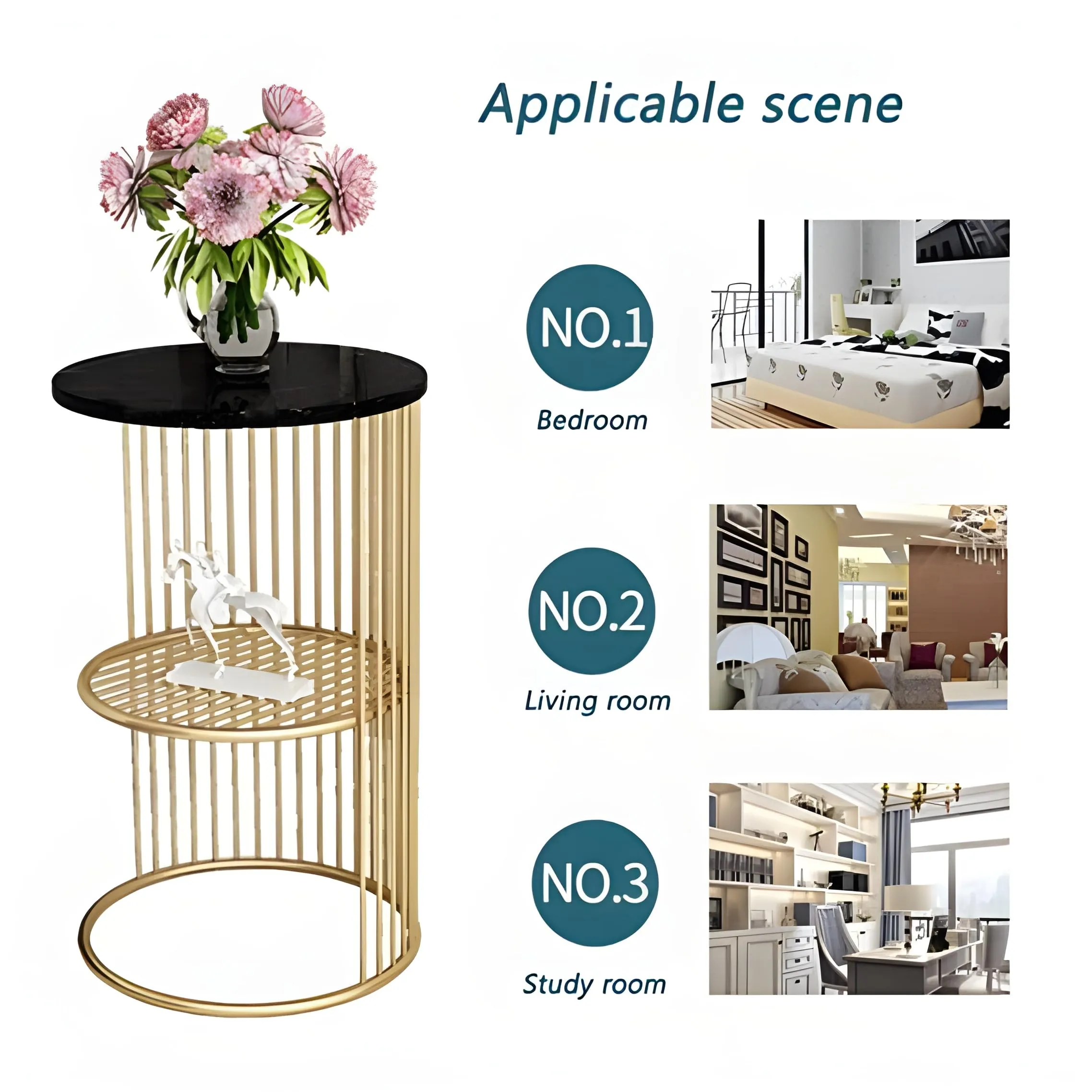 A.B.D HOME DECOR Modern Accent Round Coffee Table | End Table | Side Table | Marble Pattern Wooden Top and Metal Frame | Jali (Golden Black)