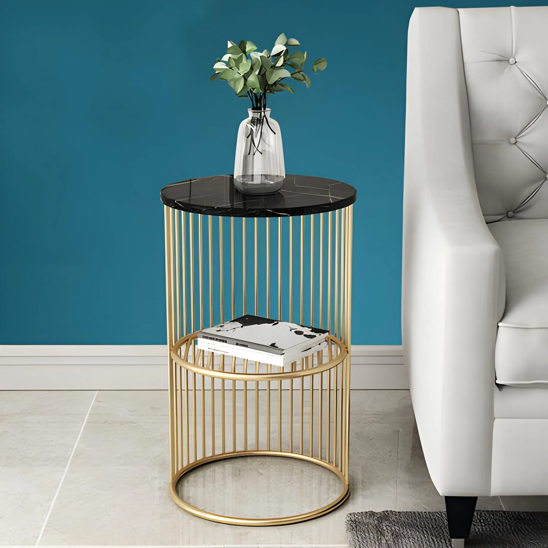 A.B.D HOME DECOR Modern Accent Round Coffee Table | End Table | Side Table | Marble Pattern Wooden Top and Metal Frame | Jali (Golden Black)