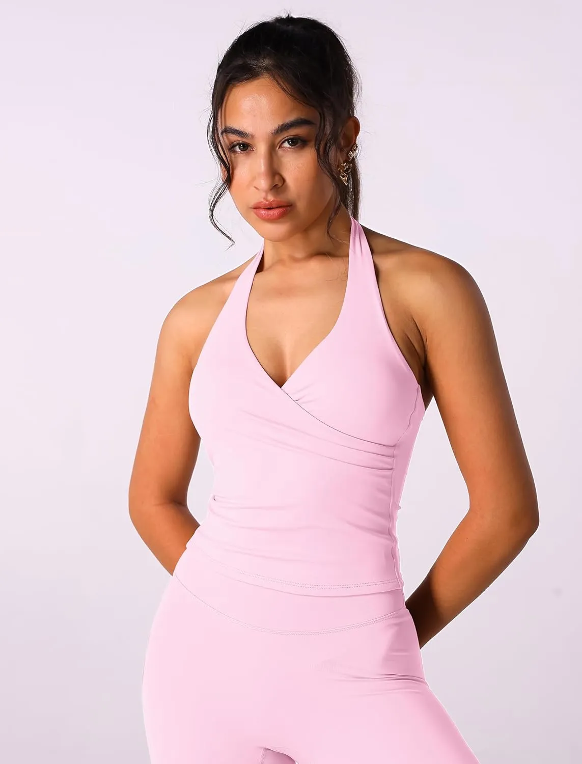 ABOCIW Women Warp Halter Workout Tank V Neck Longline Sports Bras Backless Padded Gym Yoga Tank Tops Y2k Casual Crop