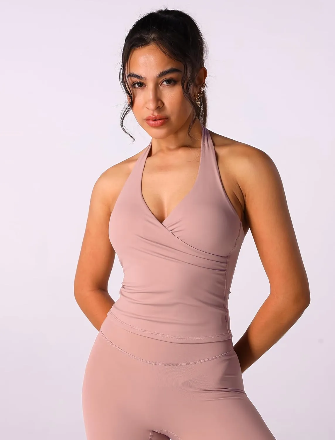 ABOCIW Women Warp Halter Workout Tank V Neck Longline Sports Bras Backless Padded Gym Yoga Tank Tops Y2k Casual Crop