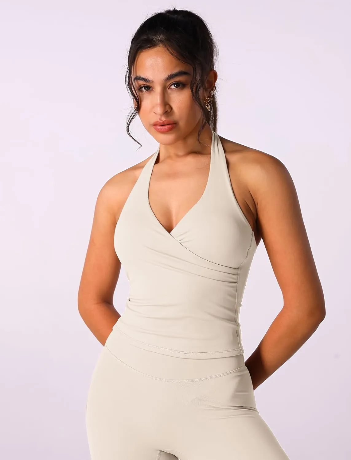 ABOCIW Women Warp Halter Workout Tank V Neck Longline Sports Bras Backless Padded Gym Yoga Tank Tops Y2k Casual Crop