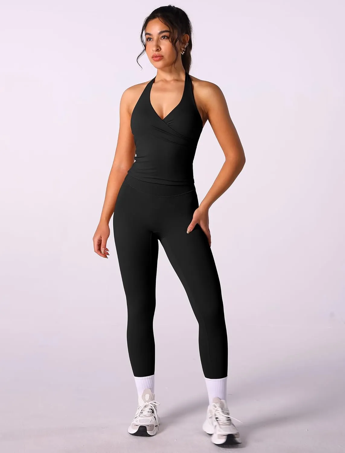 ABOCIW Women Warp Halter Workout Tank V Neck Longline Sports Bras Backless Padded Gym Yoga Tank Tops Y2k Casual Crop