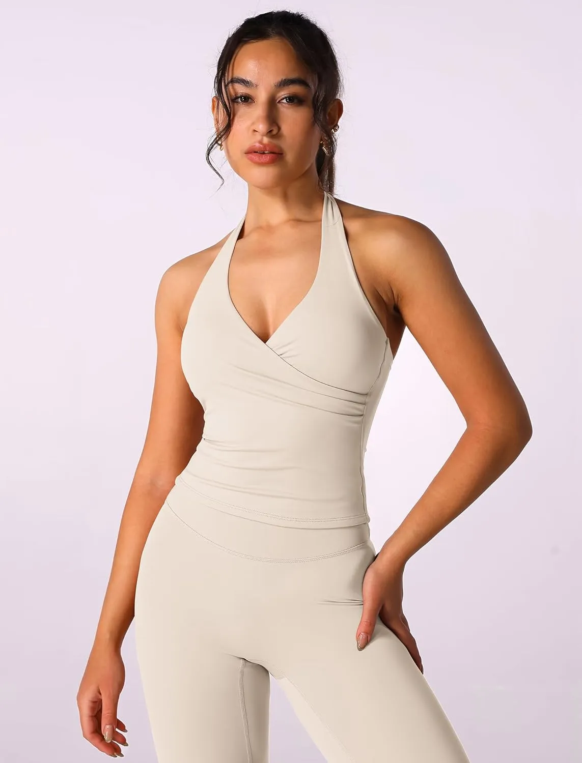 ABOCIW Women Warp Halter Workout Tank V Neck Longline Sports Bras Backless Padded Gym Yoga Tank Tops Y2k Casual Crop