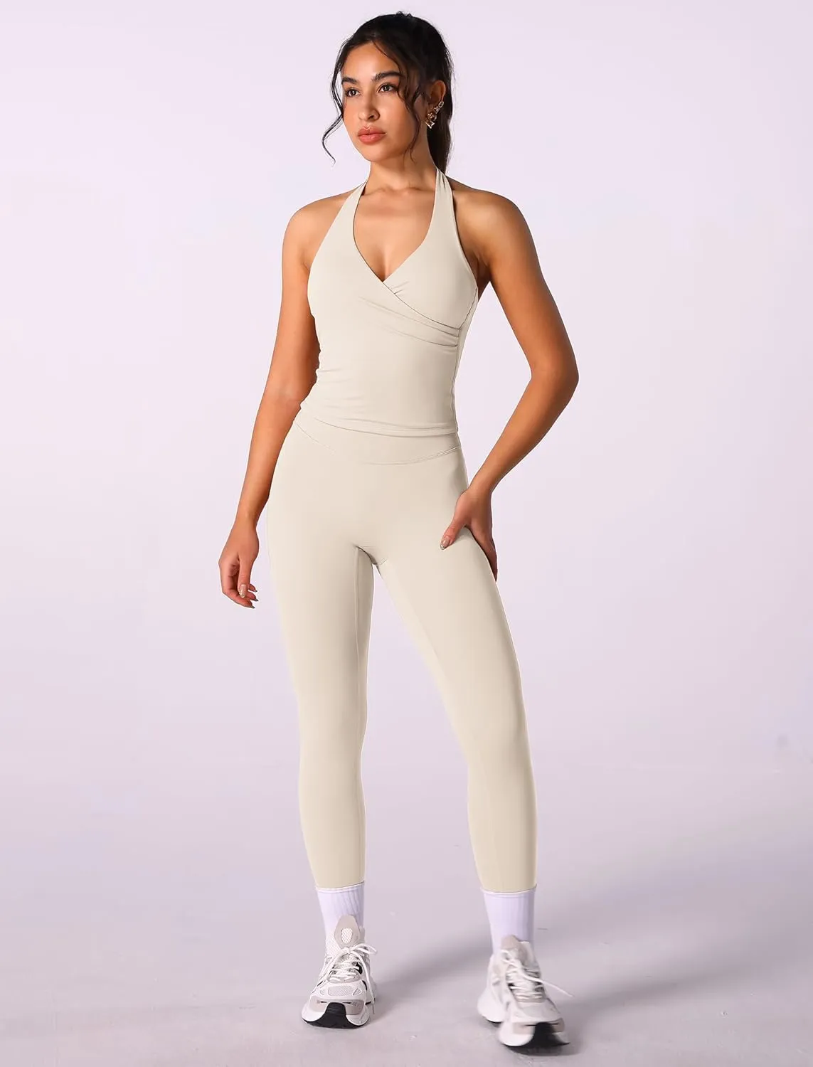 ABOCIW Women Warp Halter Workout Tank V Neck Longline Sports Bras Backless Padded Gym Yoga Tank Tops Y2k Casual Crop