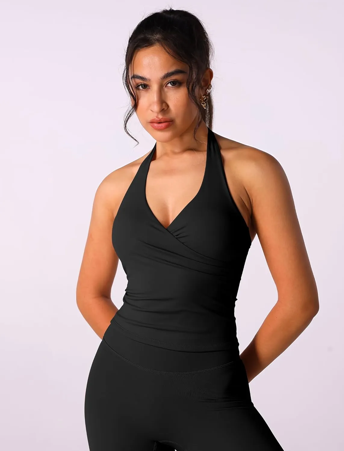 ABOCIW Women Warp Halter Workout Tank V Neck Longline Sports Bras Backless Padded Gym Yoga Tank Tops Y2k Casual Crop