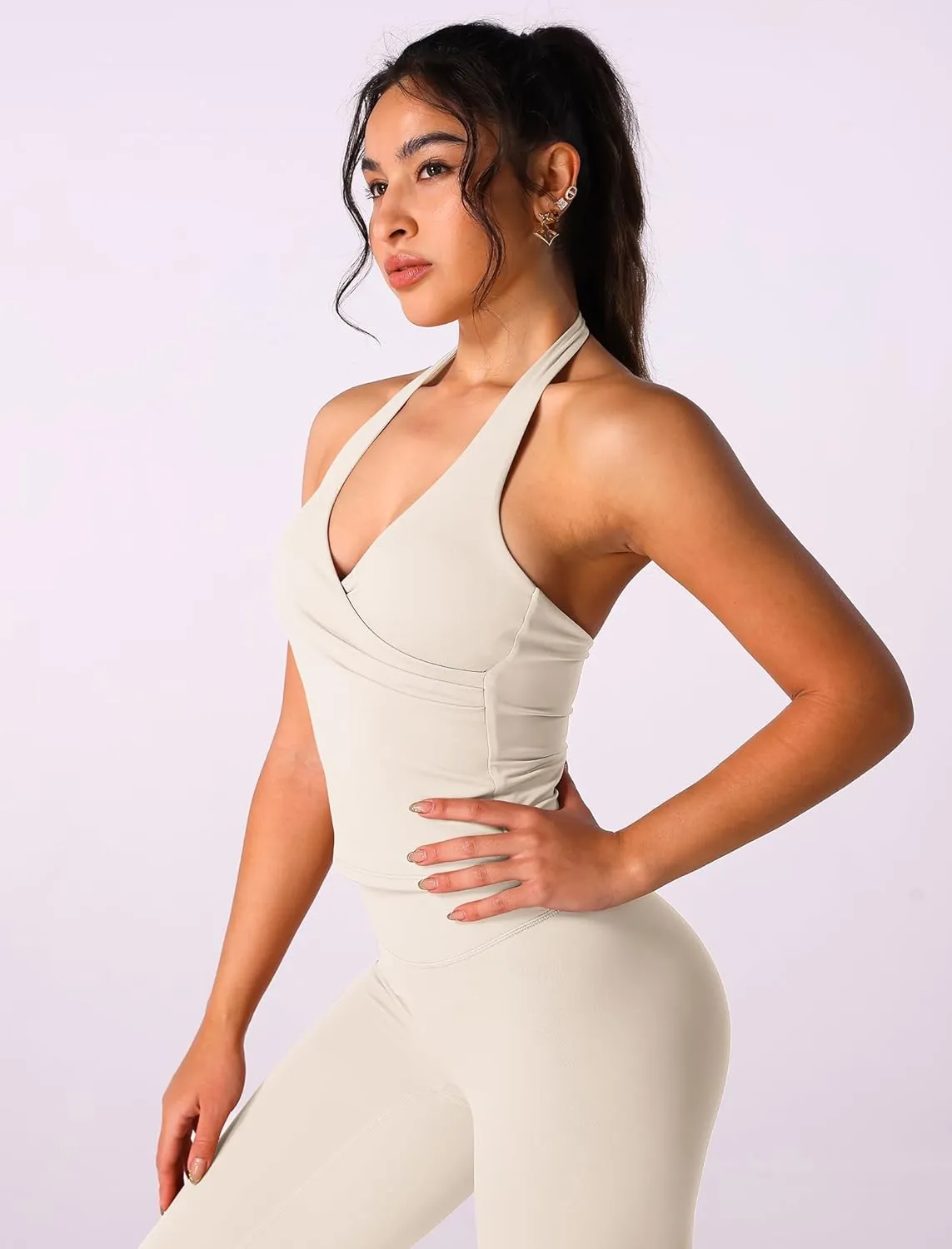 ABOCIW Women Warp Halter Workout Tank V Neck Longline Sports Bras Backless Padded Gym Yoga Tank Tops Y2k Casual Crop