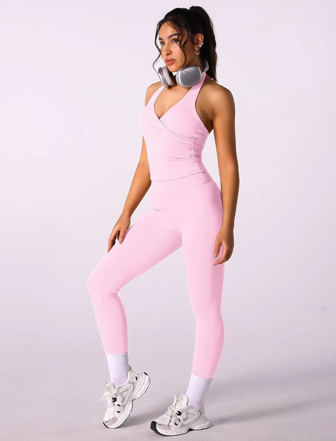 ABOCIW Women Warp Halter Workout Tank V Neck Longline Sports Bras Backless Padded Gym Yoga Tank Tops Y2k Casual Crop