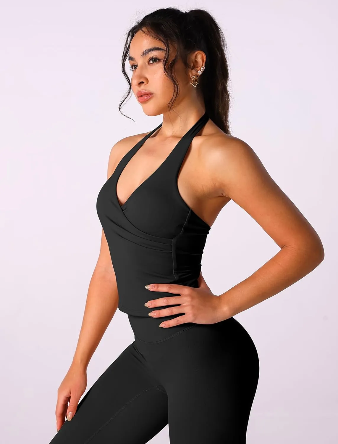 ABOCIW Women Warp Halter Workout Tank V Neck Longline Sports Bras Backless Padded Gym Yoga Tank Tops Y2k Casual Crop