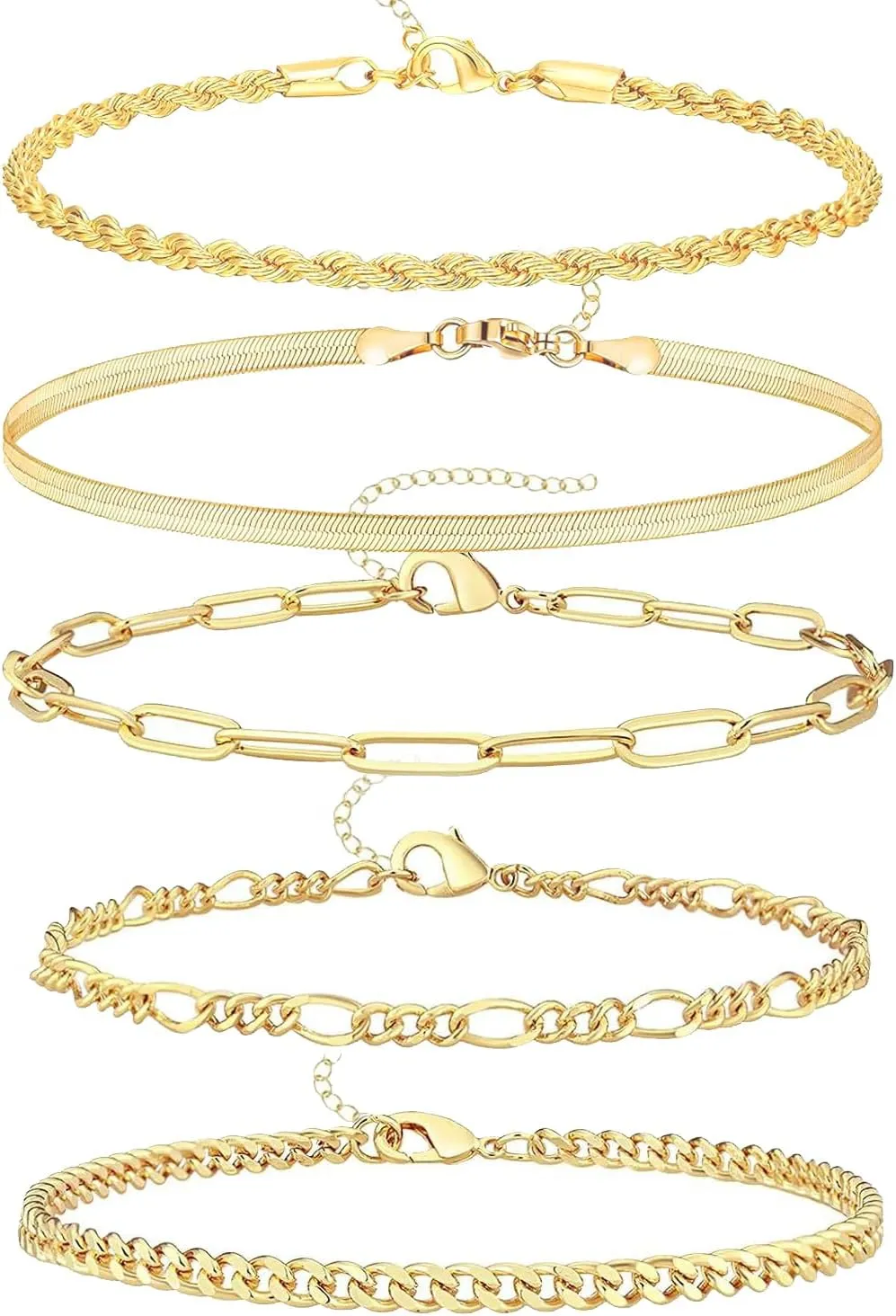 Adjustable Gold Bracelets Set for Women Stackables - 6.5"  2" Extender - 14k Gold Plated - Dainty