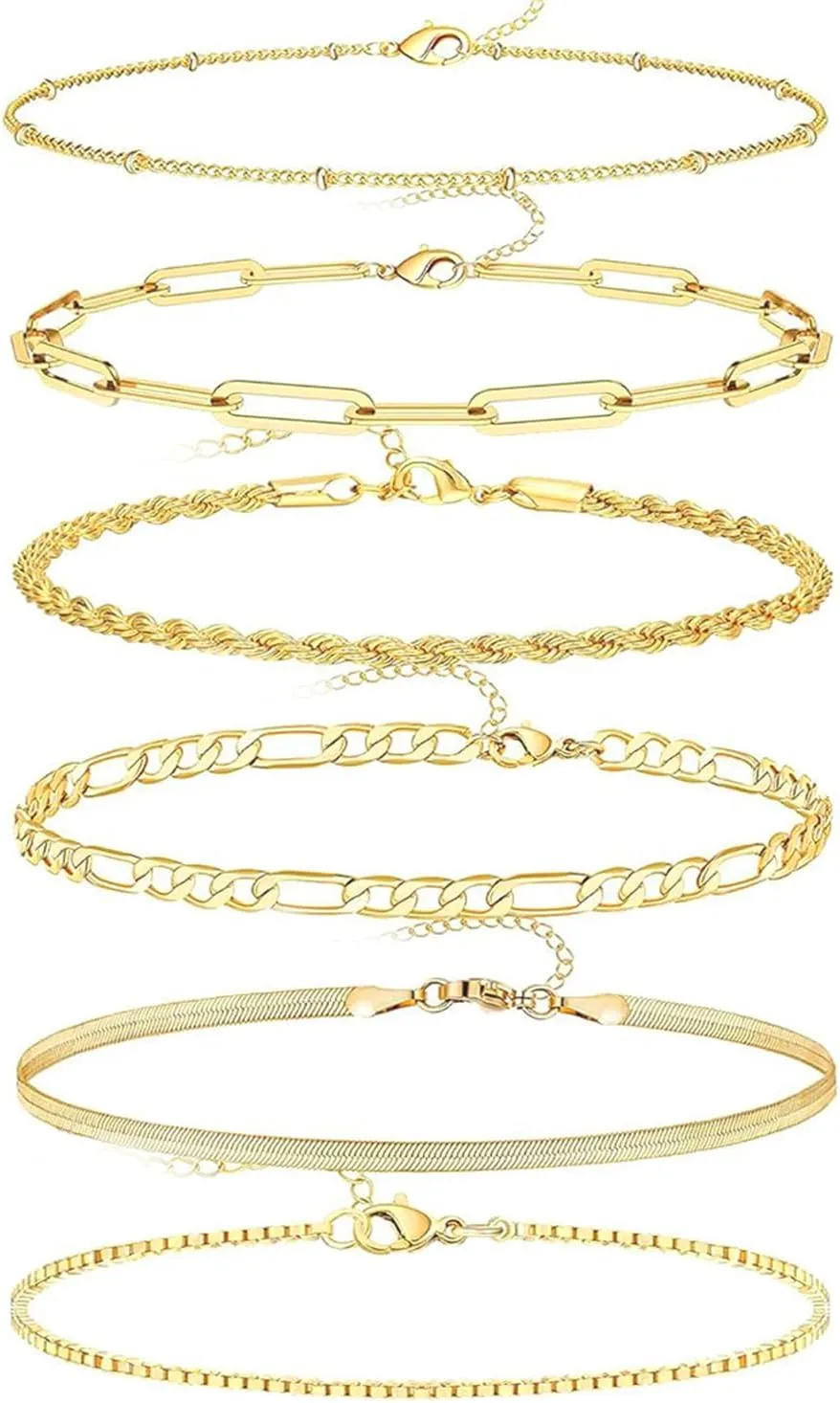 Adjustable Gold Bracelets Set for Women Stackables - 6.5"  2" Extender - 14k Gold Plated - Dainty