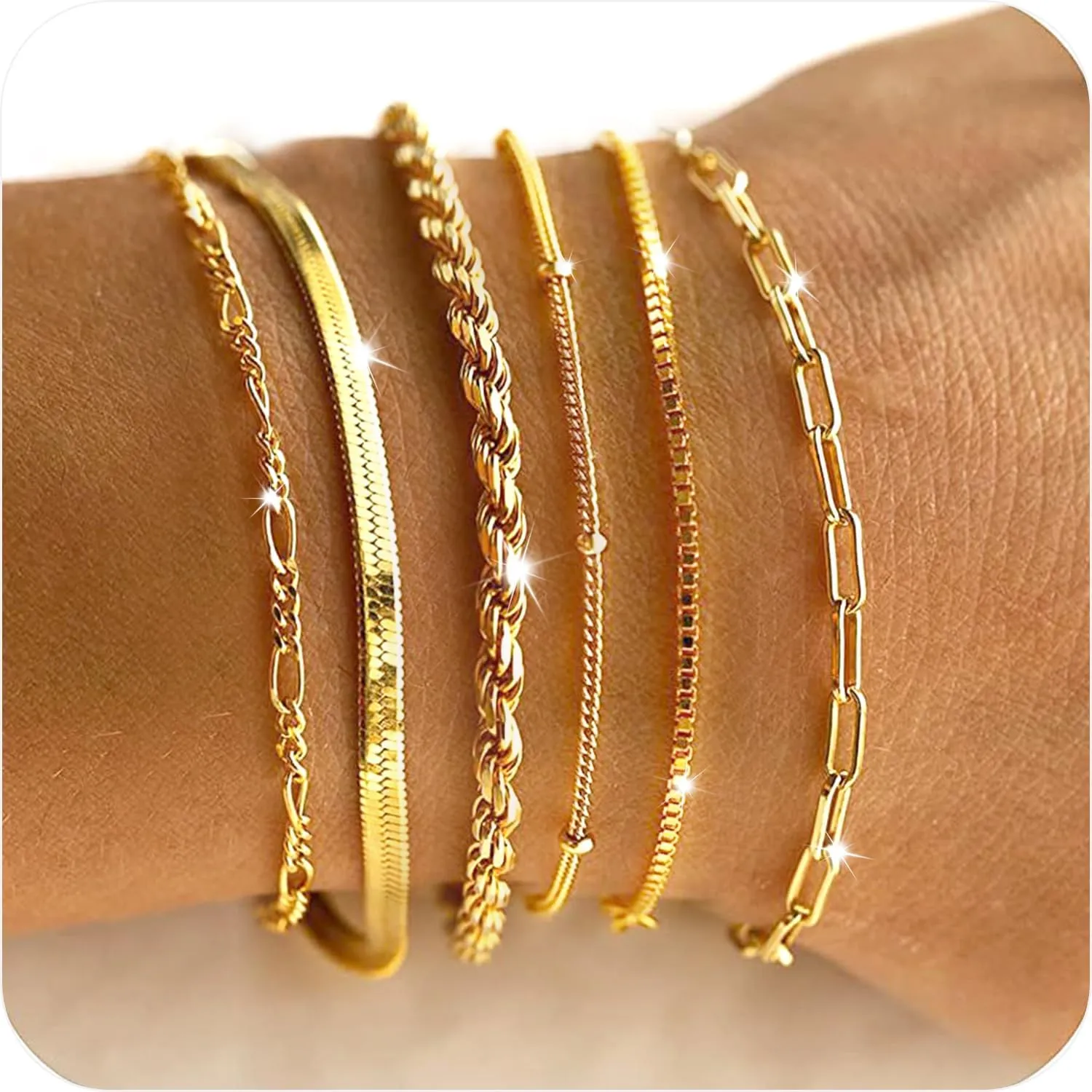 Adjustable Gold Bracelets Set for Women Stackables - 6.5"  2" Extender - 14k Gold Plated - Dainty