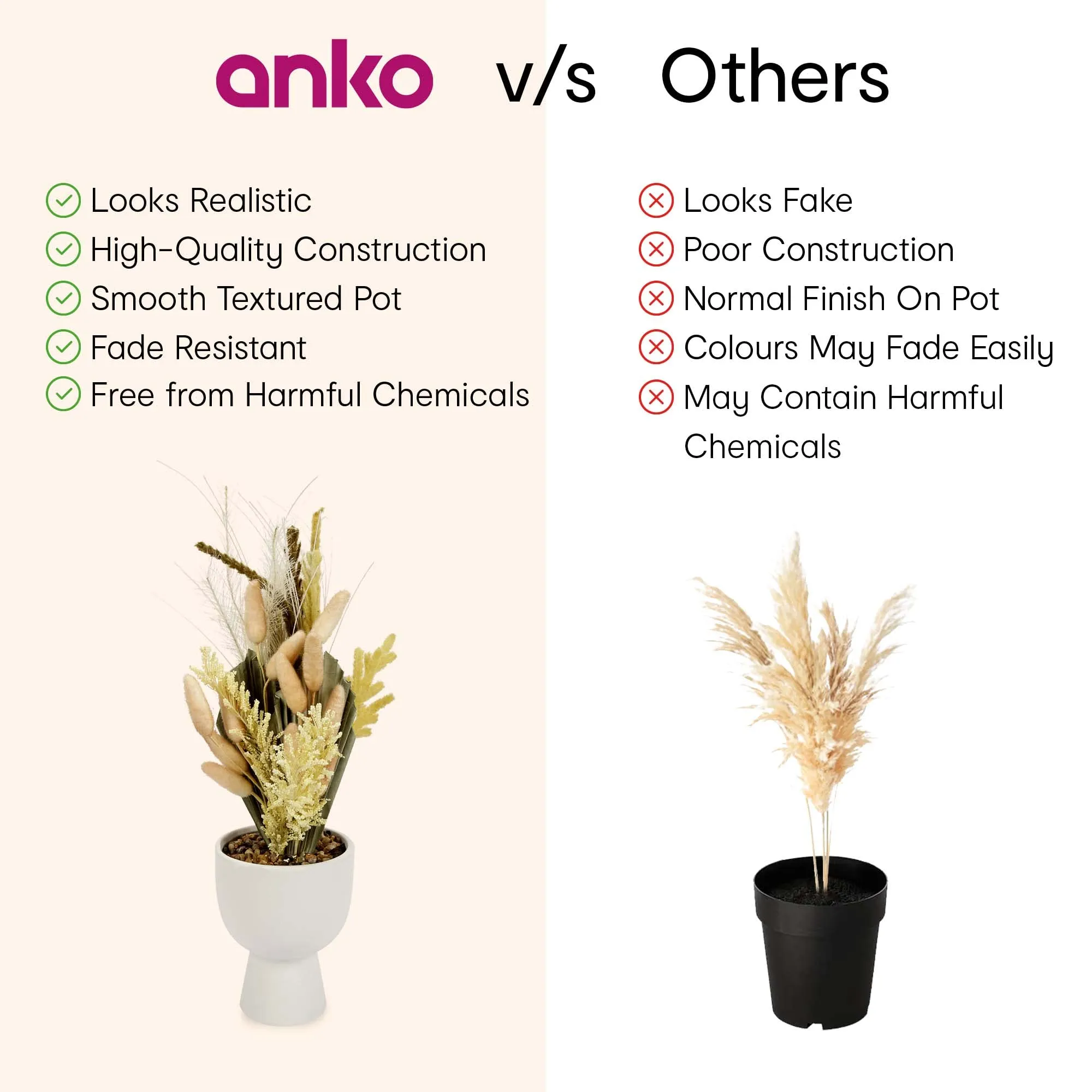 Anko Artificial Bleached Greenery Bunch with White Stoneware Vase | Decorative Items for Home, Office, Bedroom, Balcony, Living Room, Table Top | Natural Look Artificial Plant for Home Décor
