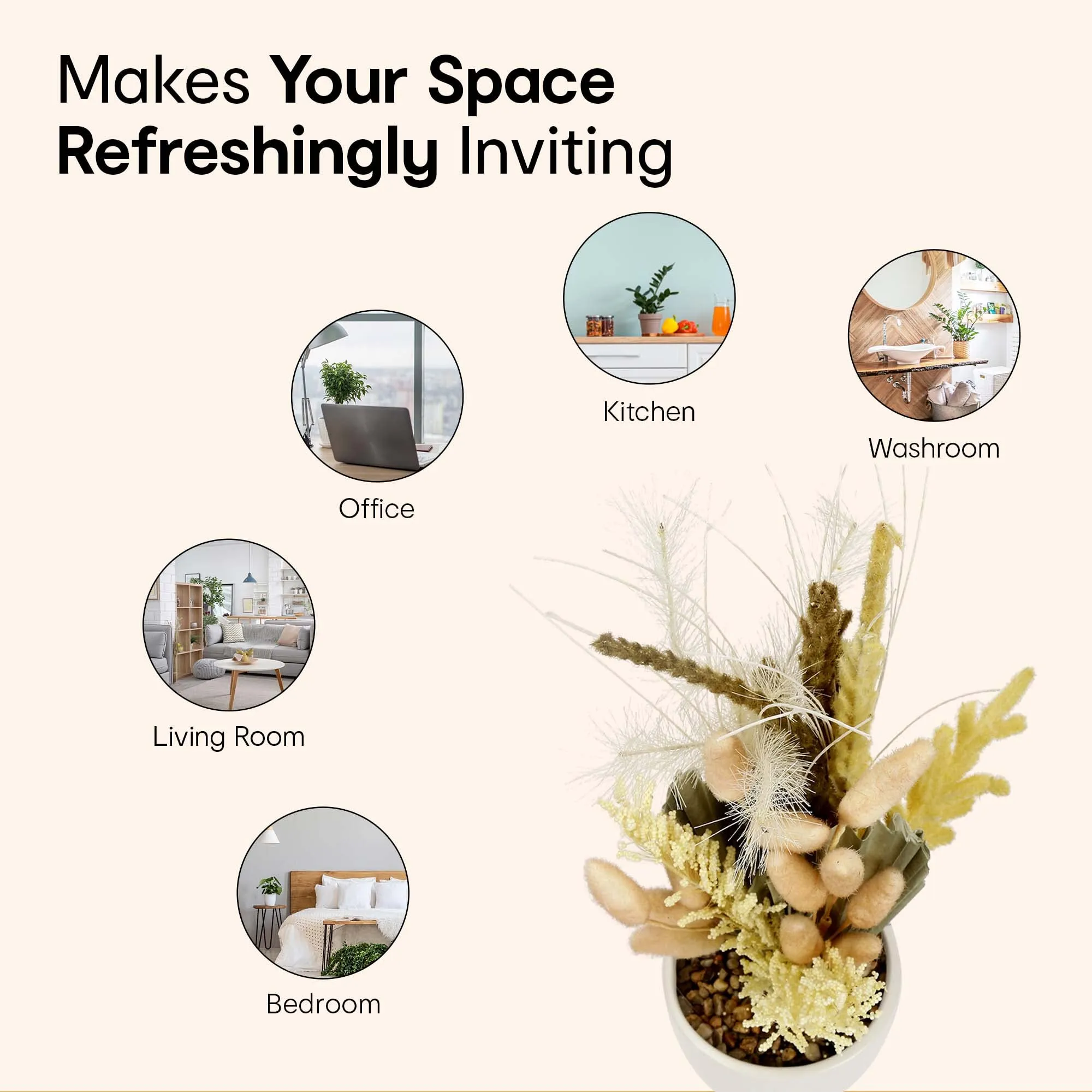 Anko Artificial Bleached Greenery Bunch with White Stoneware Vase | Decorative Items for Home, Office, Bedroom, Balcony, Living Room, Table Top | Natural Look Artificial Plant for Home Décor