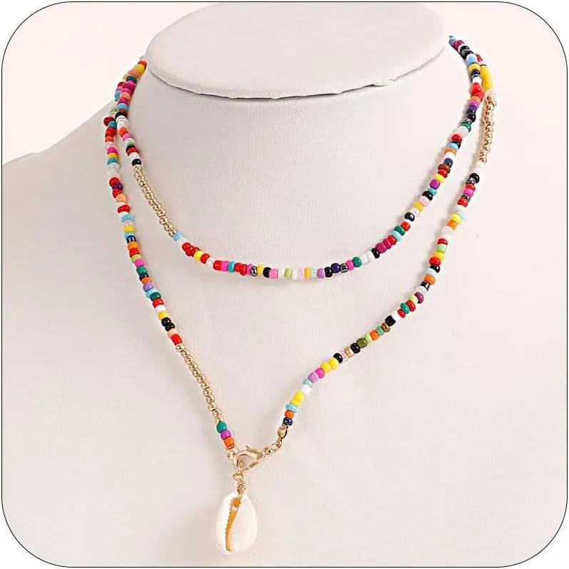 Aonklot 2 Pcs Seashell Necklaces for Women Layered Shell Choker Necklace Adjustable Boho Shell Necklace Summer Beach Surfer Necklace Jewelry Gifts