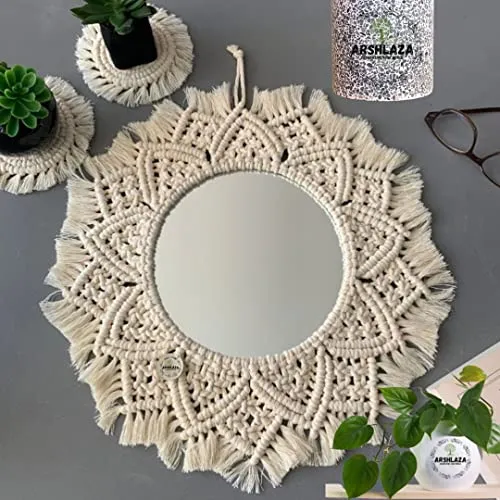 ARSHLAZA Macrame Hanging Wall Mirror with Macrame Round Mirror Art Boho Decor Macrame Decorative Mirror [MF00L9] Framed, Off-White