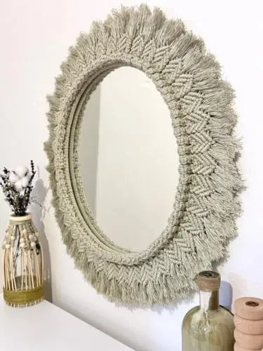 ARSHLAZA Macrame Hanging Wall Mirror with Macrame Round Mirror Art Boho Decor Macrame Decorative Mirror [MGRN02] Framed,Green