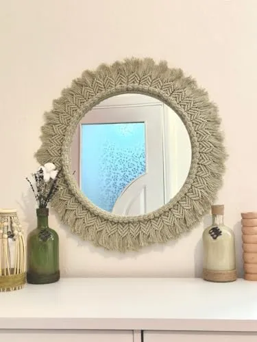 ARSHLAZA Macrame Hanging Wall Mirror with Macrame Round Mirror Art Boho Decor Macrame Decorative Mirror [MGRN02] Framed,Green