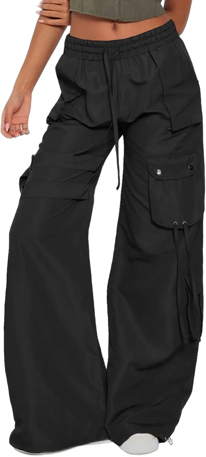 ARTFREE Cargo Pants Women Trendy High Waisted Parachute Pants Straight Y2K Drawstring Casual Pants with Pockets