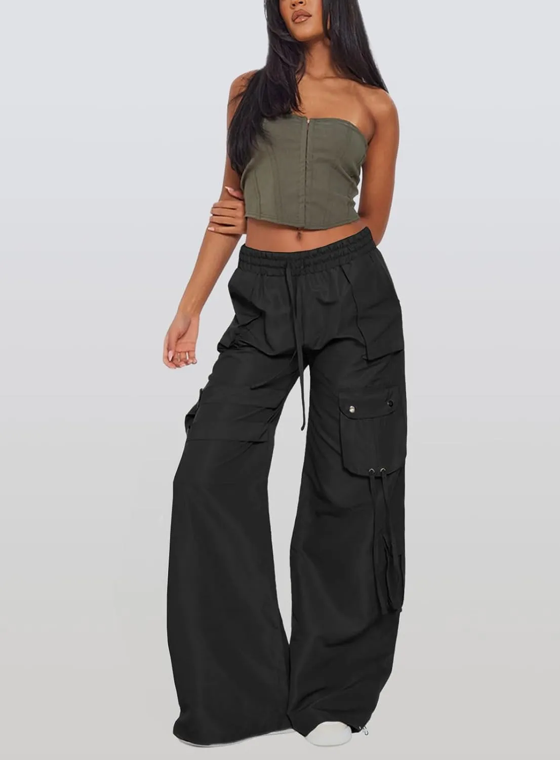 ARTFREE Cargo Pants Women Trendy High Waisted Parachute Pants Straight Y2K Drawstring Casual Pants with Pockets