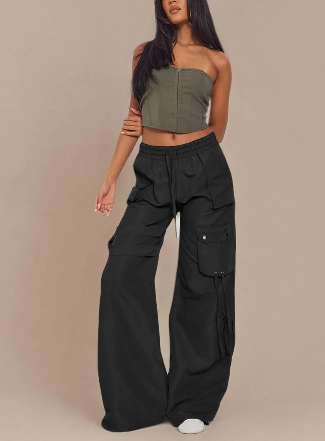 ARTFREE Cargo Pants Women Trendy High Waisted Parachute Pants Straight Y2K Drawstring Casual Pants with Pockets