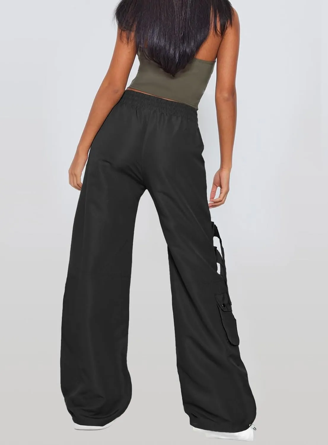 ARTFREE Cargo Pants Women Trendy High Waisted Parachute Pants Straight Y2K Drawstring Casual Pants with Pockets
