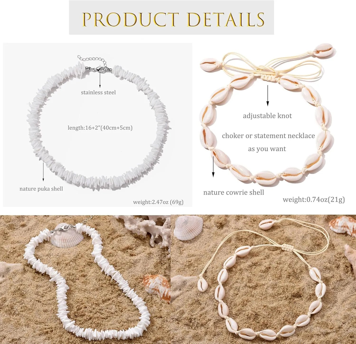ATIMIGO White Puka Shell Hawaiian Cowrie Shell Pearl Beach Choker Handmade Adjustable Summer Clavicle Necklace - Surfer Jewelry for Women & Men