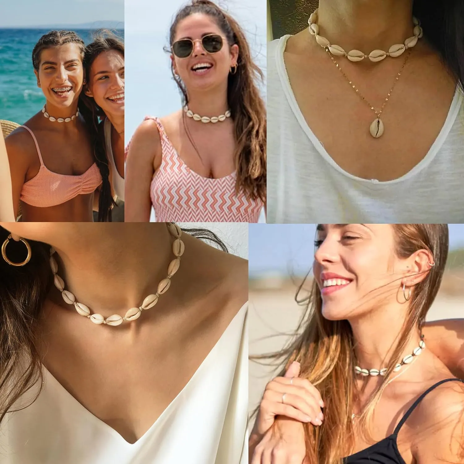 ATIMIGO White Puka Shell Hawaiian Cowrie Shell Pearl Beach Choker Handmade Adjustable Summer Clavicle Necklace - Surfer Jewelry for Women & Men