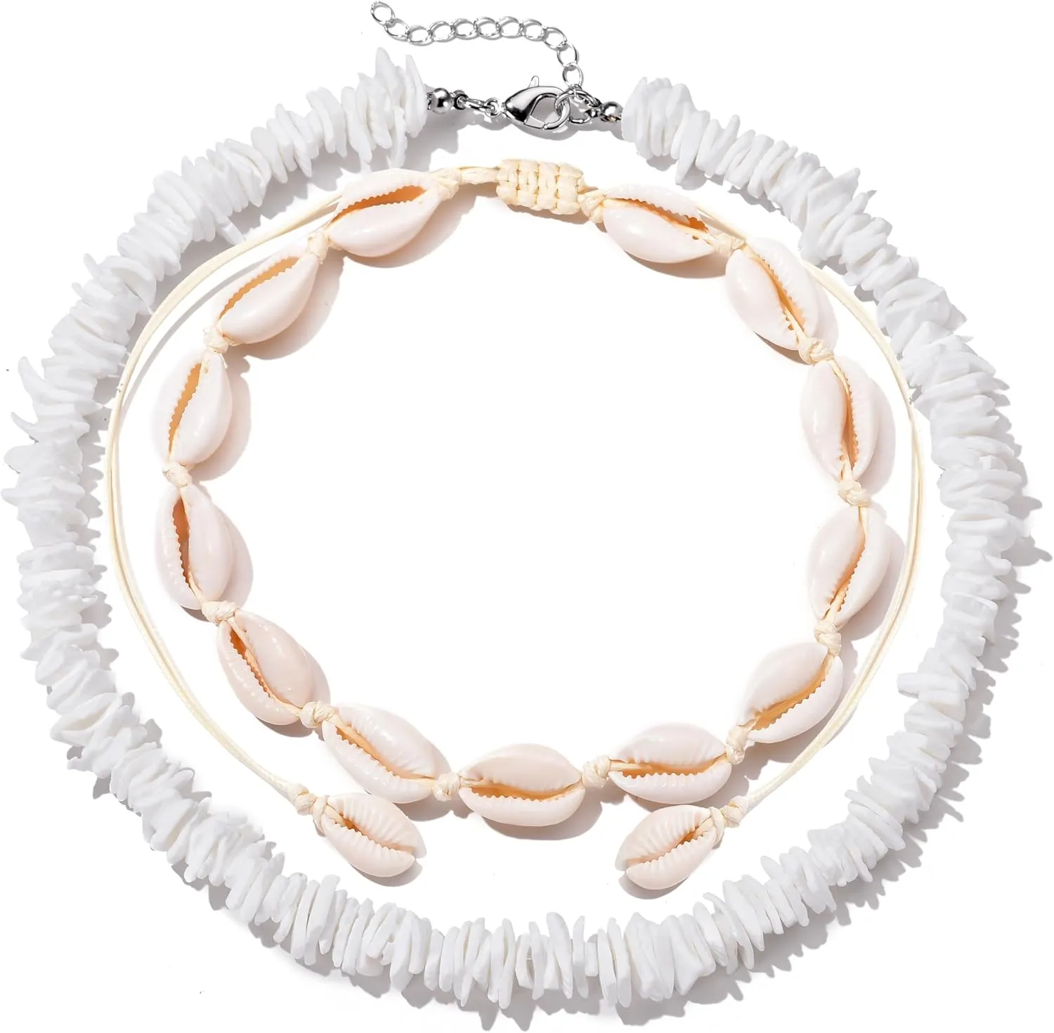 ATIMIGO White Puka Shell Hawaiian Cowrie Shell Pearl Beach Choker Handmade Adjustable Summer Clavicle Necklace - Surfer Jewelry for Women & Men