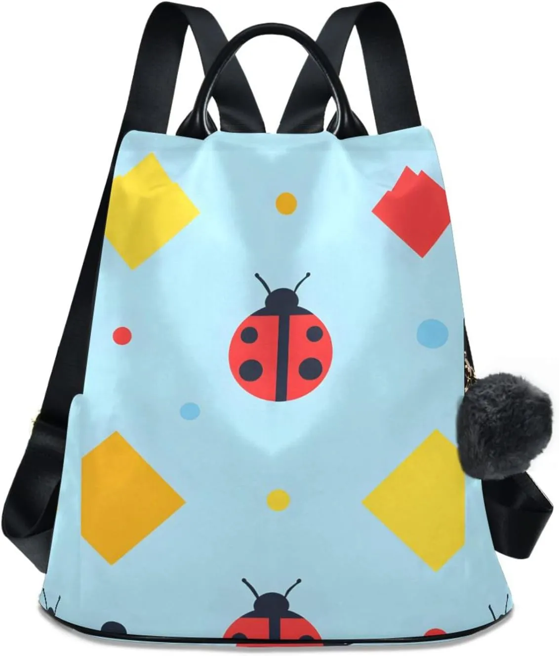 Backpack Purse for Women Ladybugs Shapes Pattern Red Yellow Nylon Anti-theft Fashion Travel Back Pack Lightweight Shoulder Bag with Plush Ball Keychain