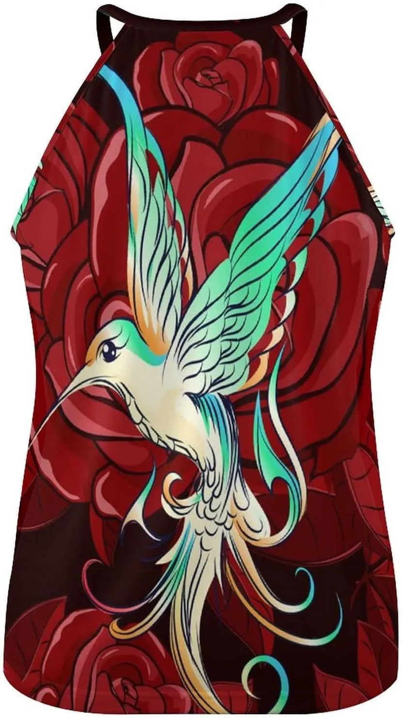 Beautiful Hummingbird with Rose Womens Crew Neck Tank Tops Print Sleeveless T Shirt Casual Blouses Top for Yoga Workout