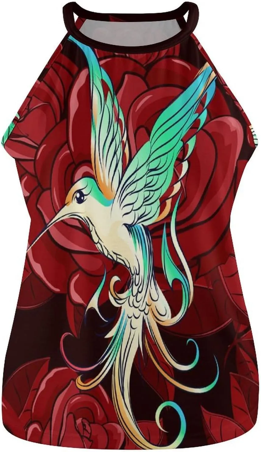 Beautiful Hummingbird with Rose Womens Crew Neck Tank Tops Print Sleeveless T Shirt Casual Blouses Top for Yoga Workout