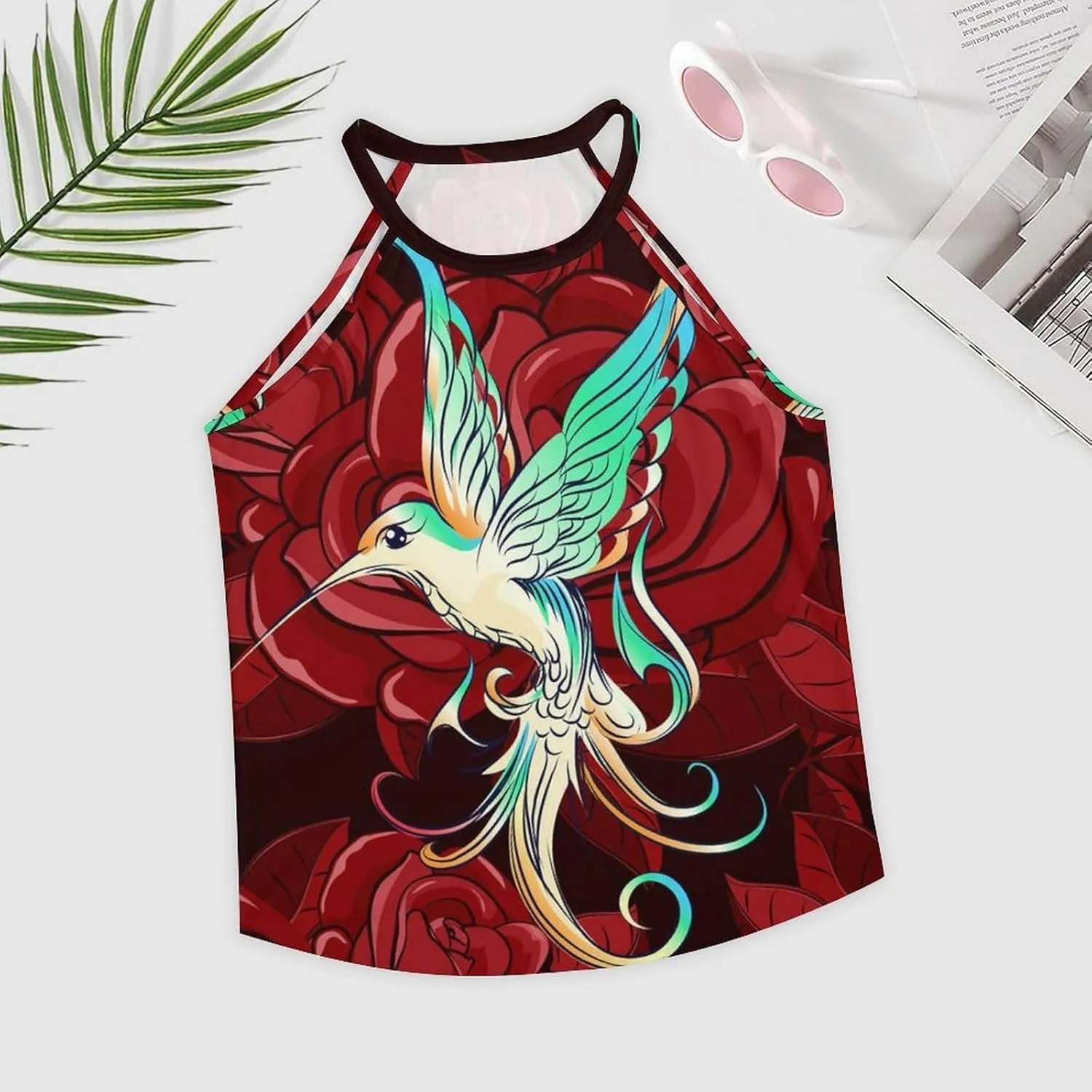 Beautiful Hummingbird with Rose Womens Crew Neck Tank Tops Print Sleeveless T Shirt Casual Blouses Top for Yoga Workout