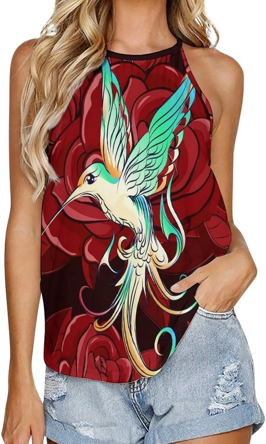 Beautiful Hummingbird with Rose Womens Crew Neck Tank Tops Print Sleeveless T Shirt Casual Blouses Top for Yoga Workout