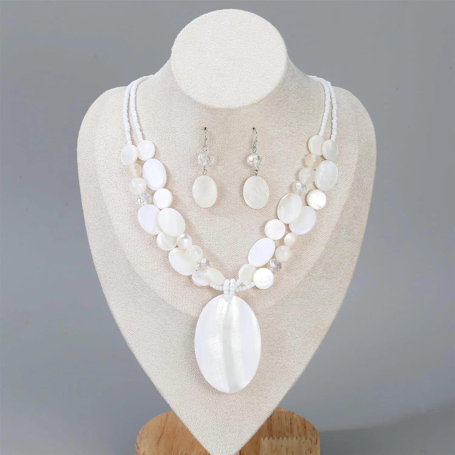 Big Oval Gemotric Pendant Necklace for women Double Strand Colorful Beads Statement Necklace and Earrings Set Fashion Jewelry Gifts