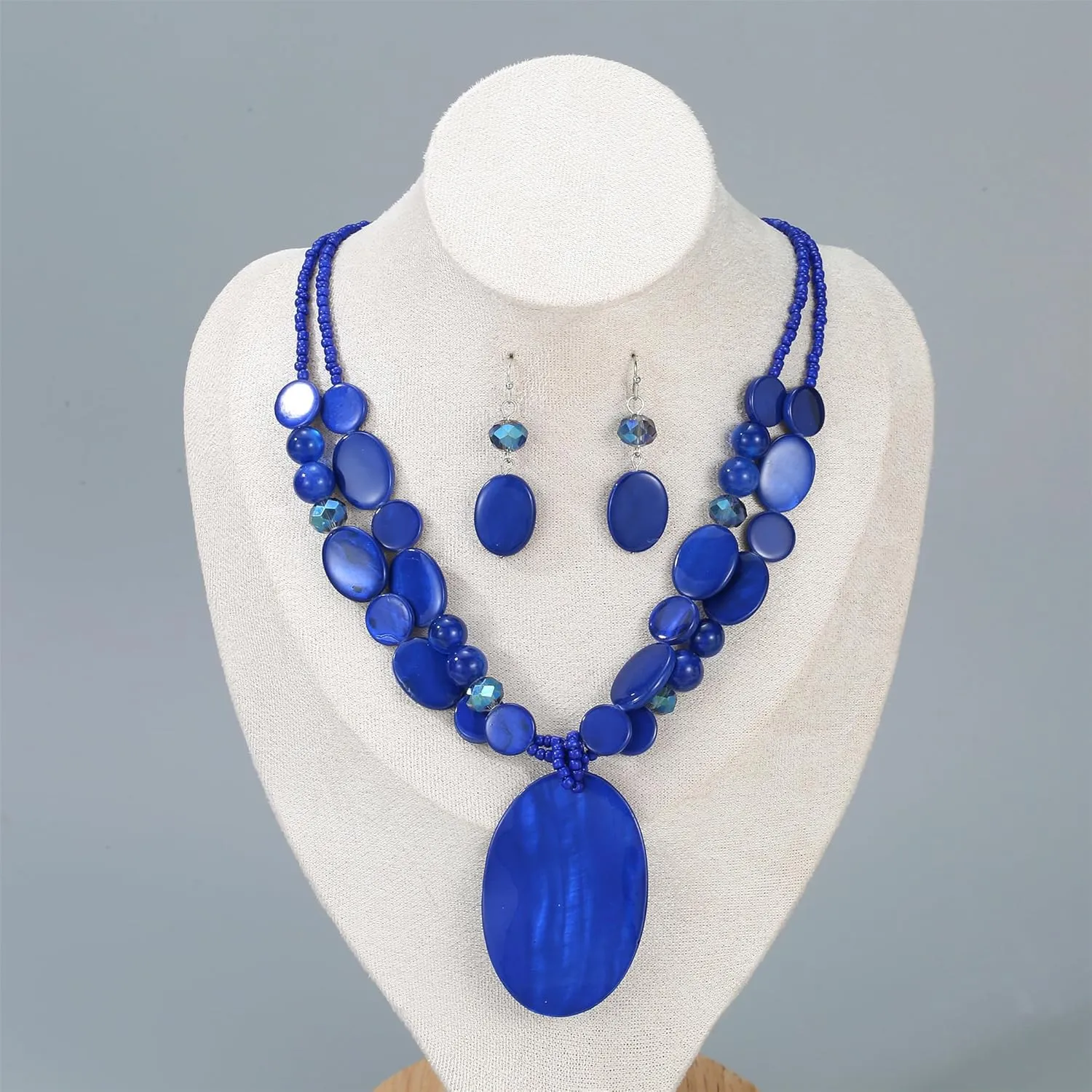 Big Oval Gemotric Pendant Necklace for women Double Strand Colorful Beads Statement Necklace and Earrings Set Fashion Jewelry Gifts
