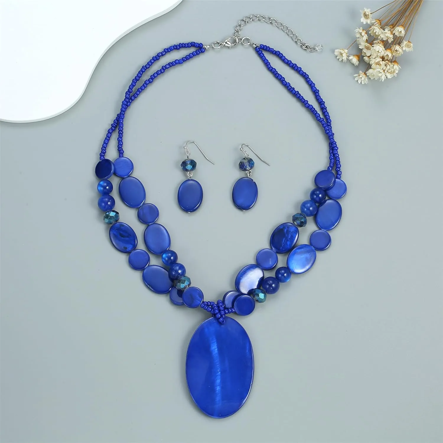 Big Oval Gemotric Pendant Necklace for women Double Strand Colorful Beads Statement Necklace and Earrings Set Fashion Jewelry Gifts