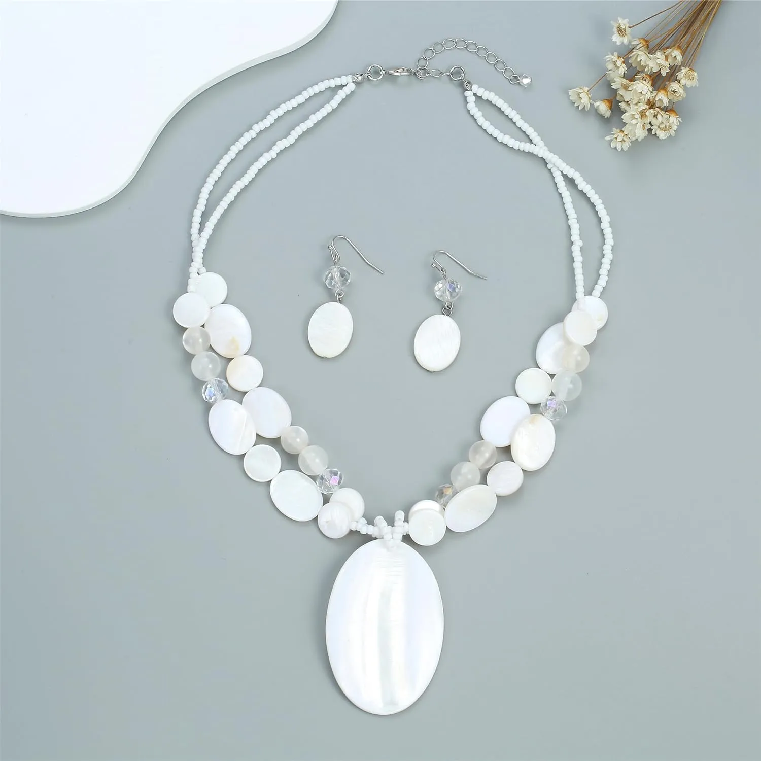 Big Oval Gemotric Pendant Necklace for women Double Strand Colorful Beads Statement Necklace and Earrings Set Fashion Jewelry Gifts
