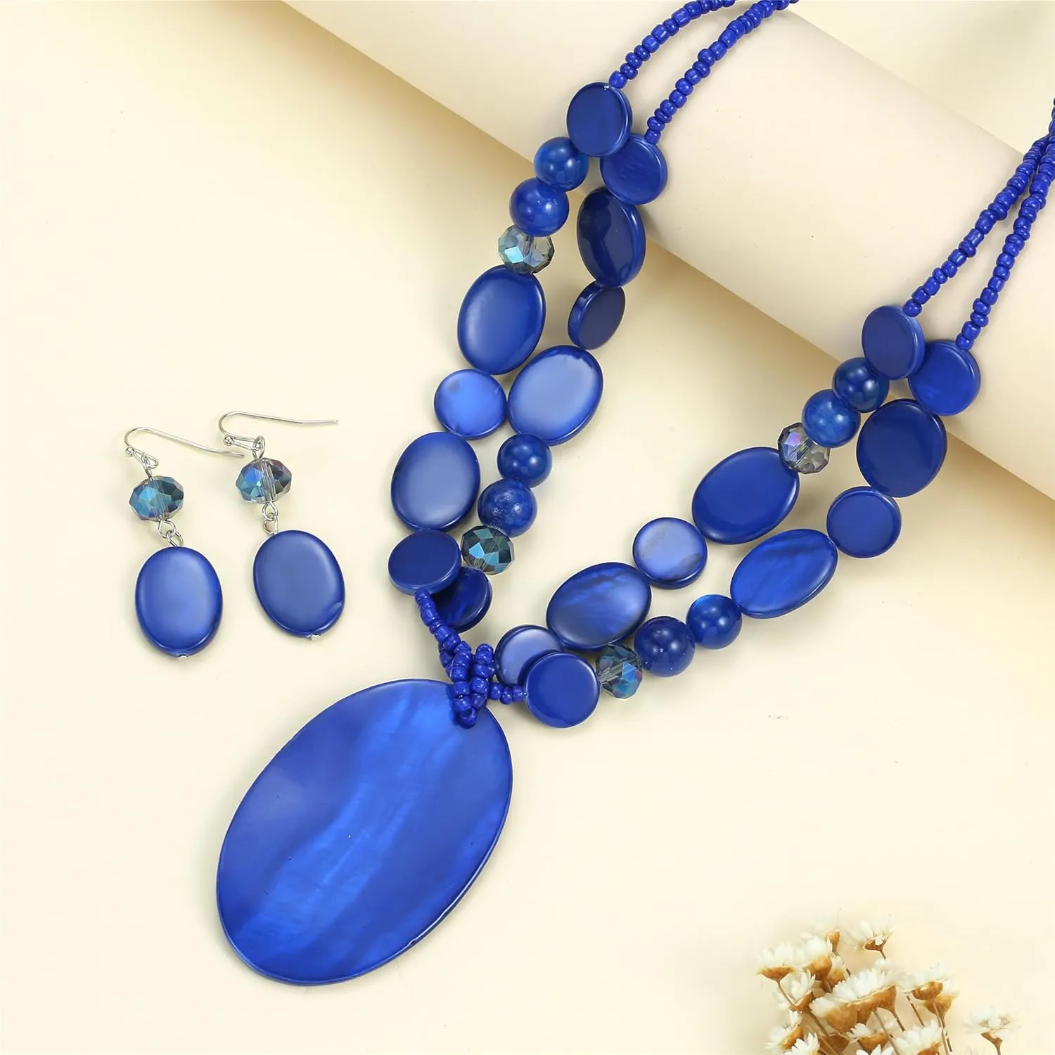 Big Oval Gemotric Pendant Necklace for women Double Strand Colorful Beads Statement Necklace and Earrings Set Fashion Jewelry Gifts