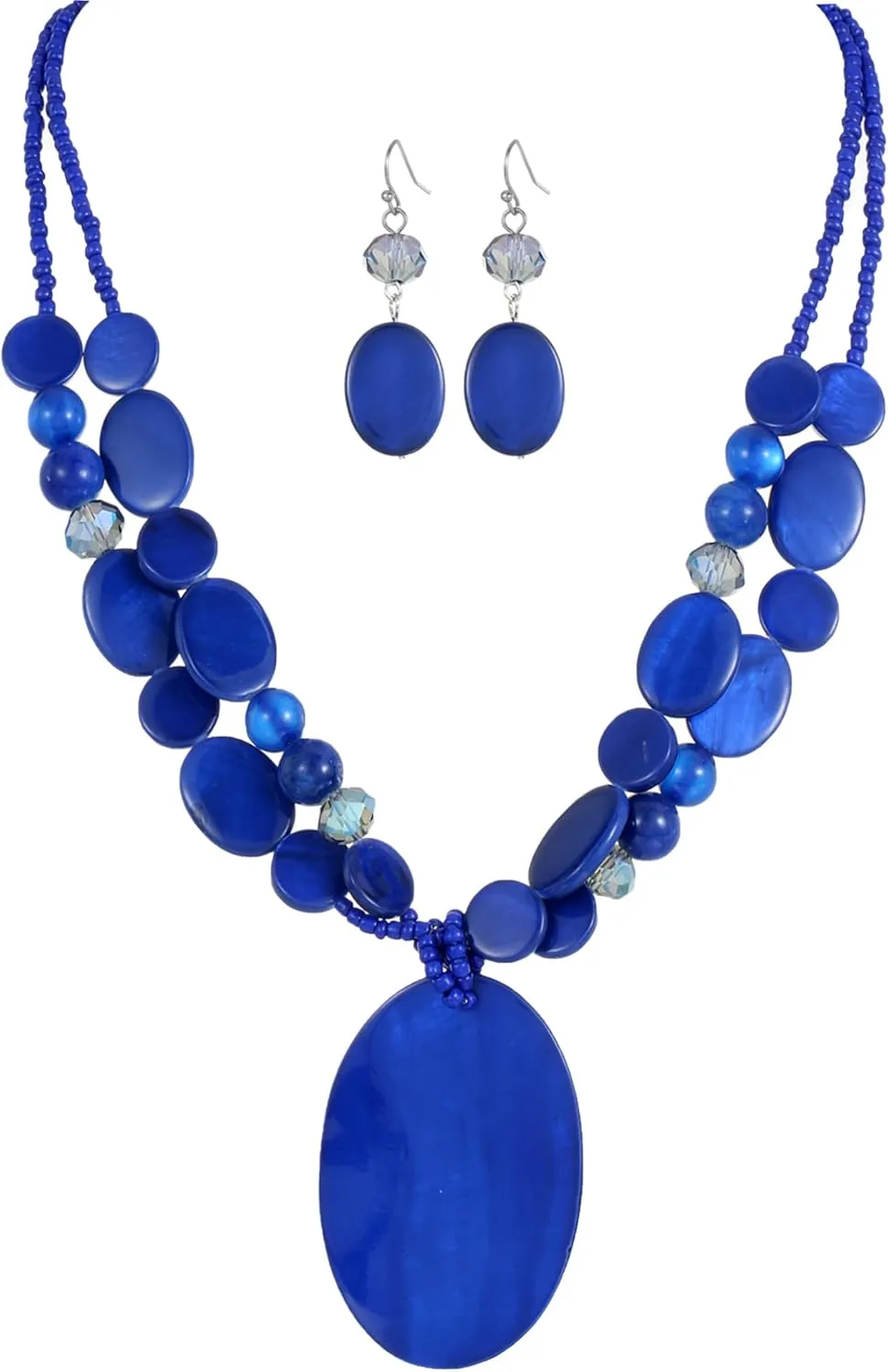 Big Oval Gemotric Pendant Necklace for women Double Strand Colorful Beads Statement Necklace and Earrings Set Fashion Jewelry Gifts