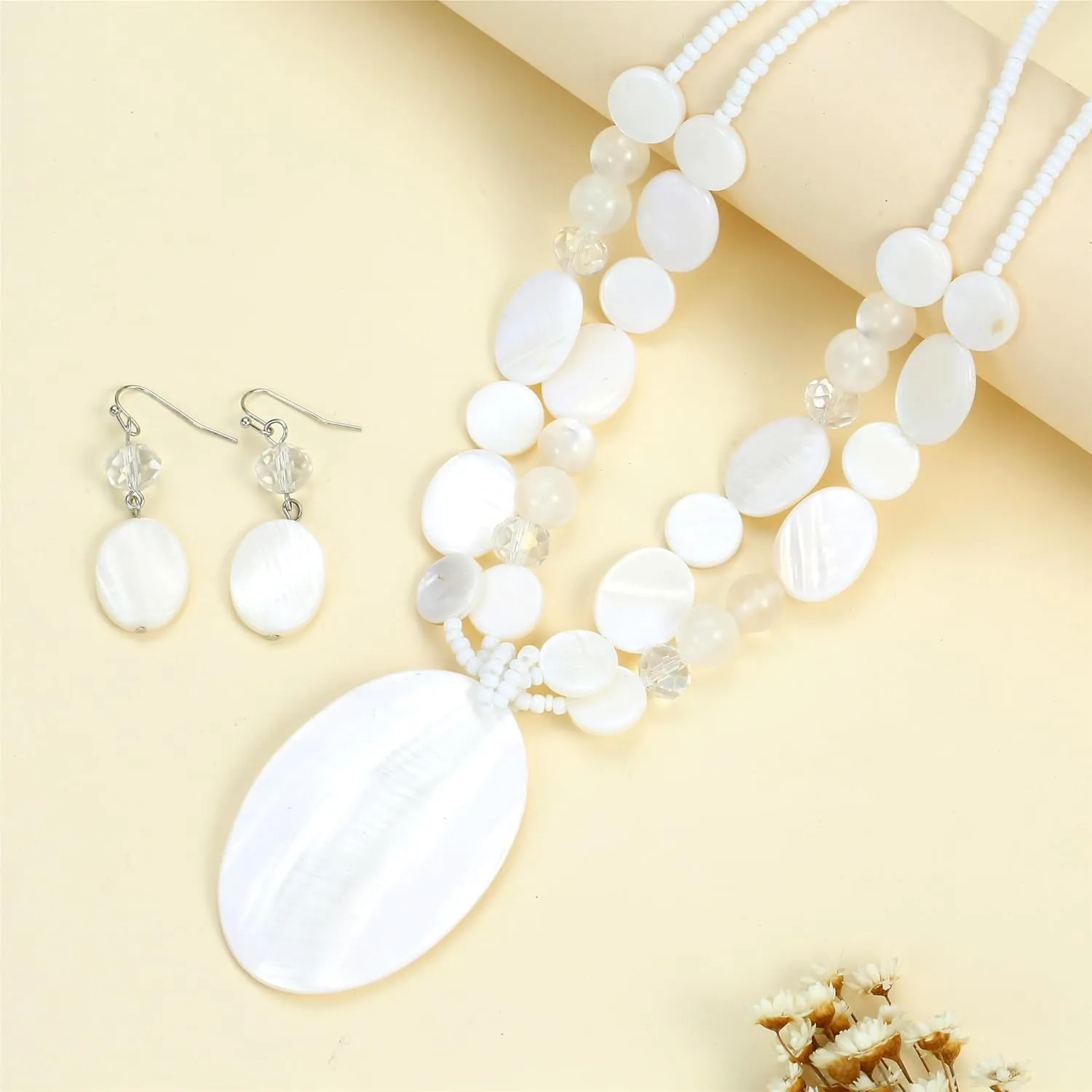 Big Oval Gemotric Pendant Necklace for women Double Strand Colorful Beads Statement Necklace and Earrings Set Fashion Jewelry Gifts