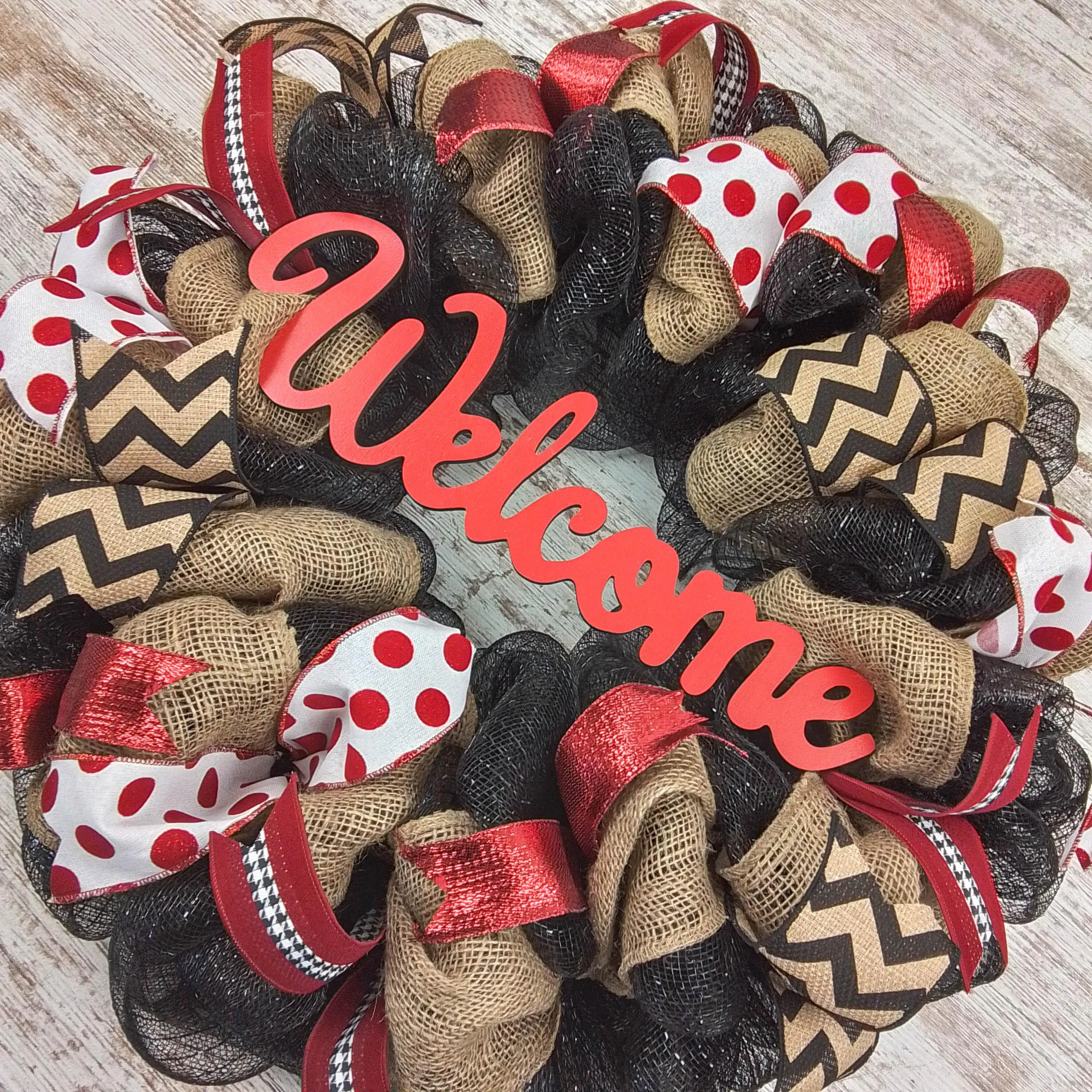 Black Red Burlap Welcome Mesh Outdoor Front Door Wreath - White Chevron