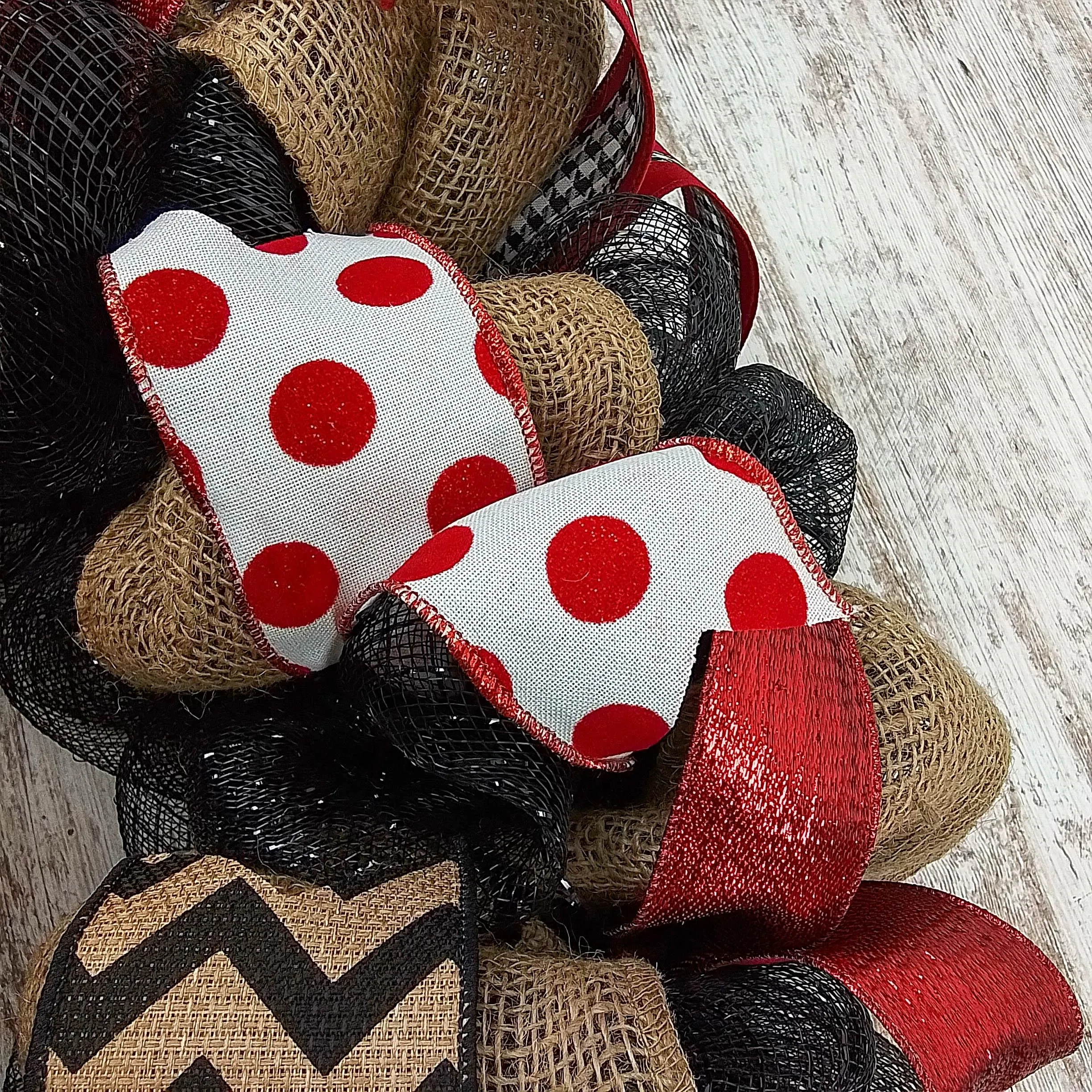 Black Red Burlap Welcome Mesh Outdoor Front Door Wreath - White Chevron