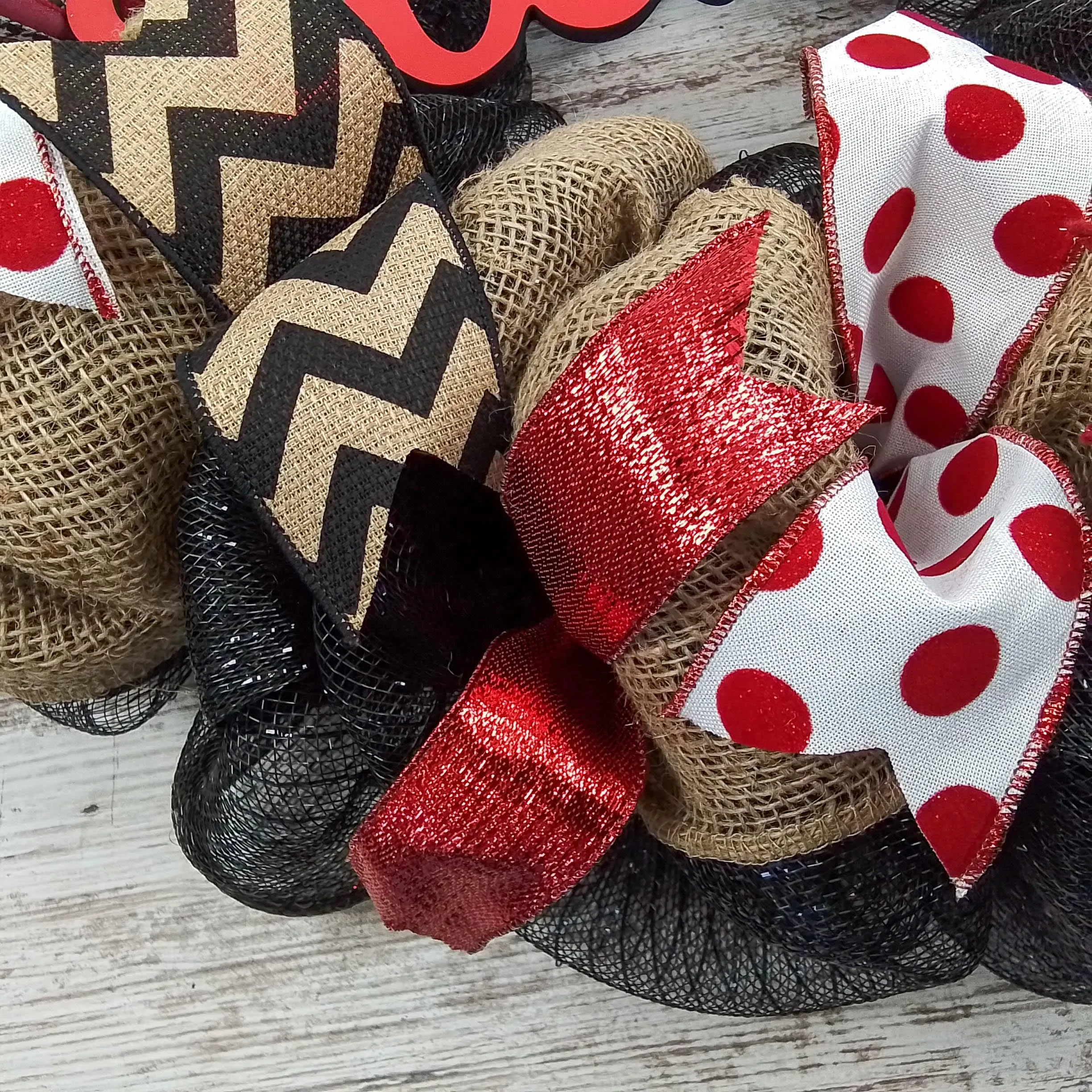 Black Red Burlap Welcome Mesh Outdoor Front Door Wreath - White Chevron