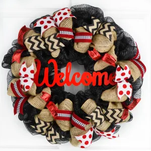 Black Red Burlap Welcome Mesh Outdoor Front Door Wreath - White Chevron