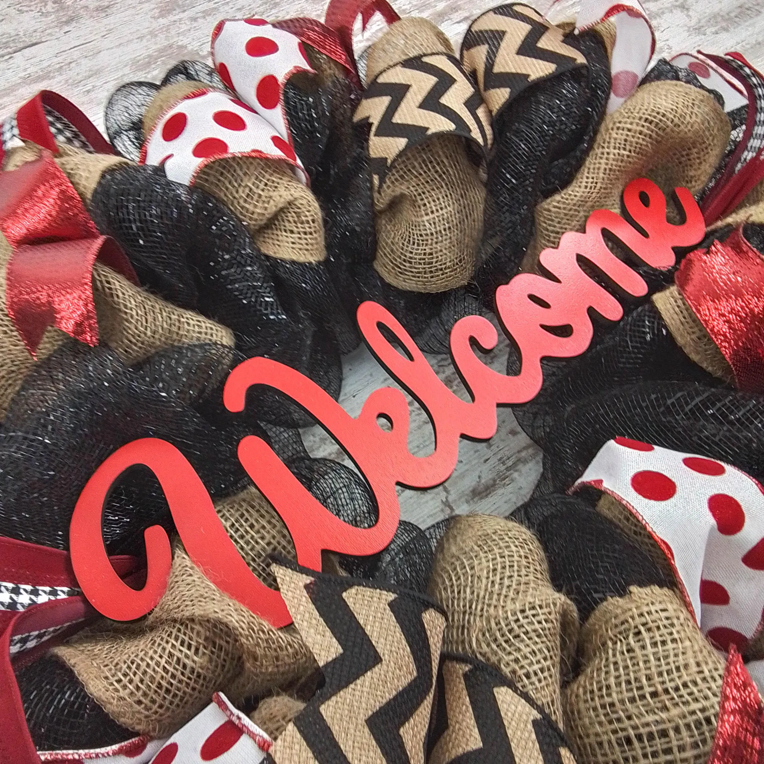 Black Red Burlap Welcome Mesh Outdoor Front Door Wreath - White Chevron