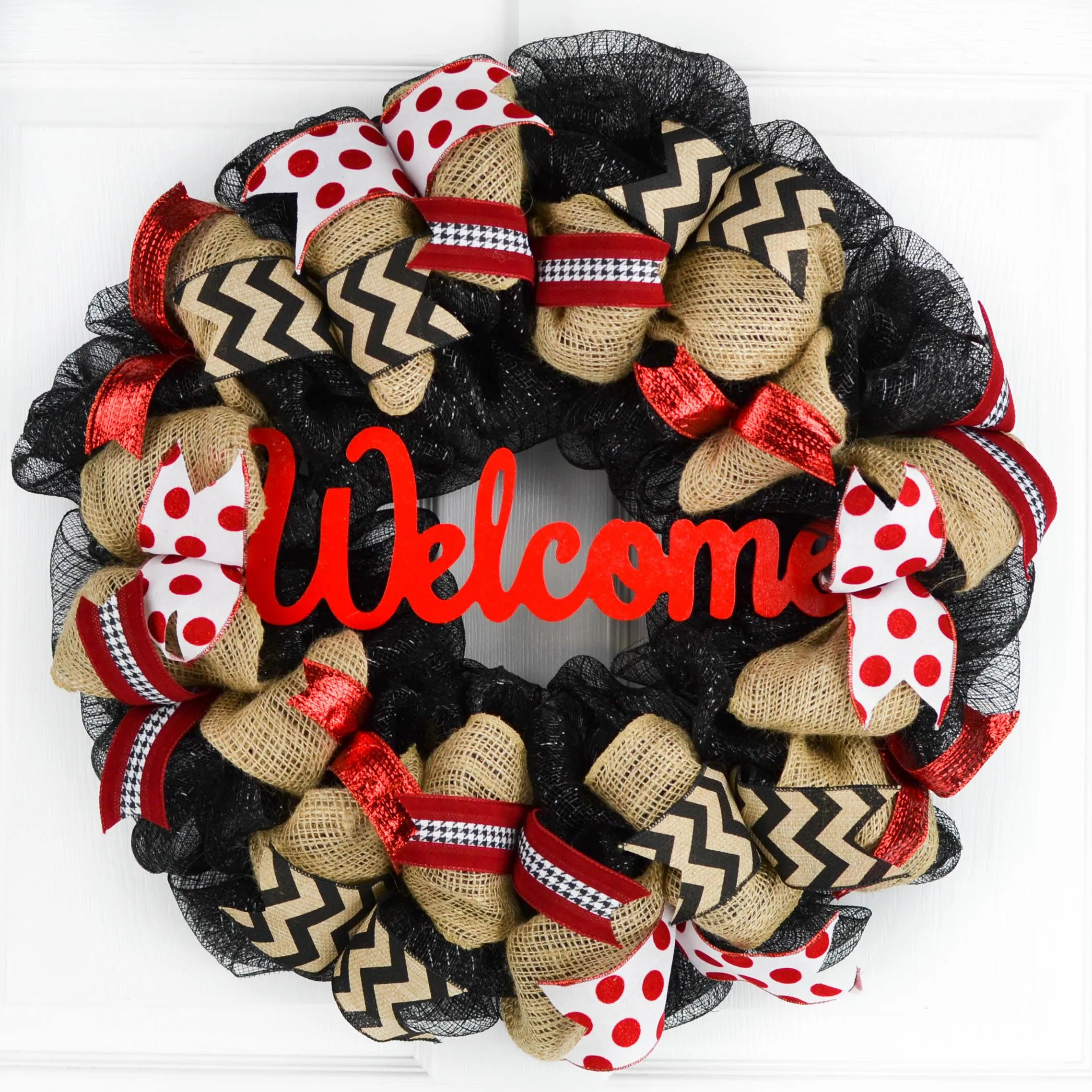 Black Red Burlap Welcome Mesh Outdoor Front Door Wreath - White Chevron