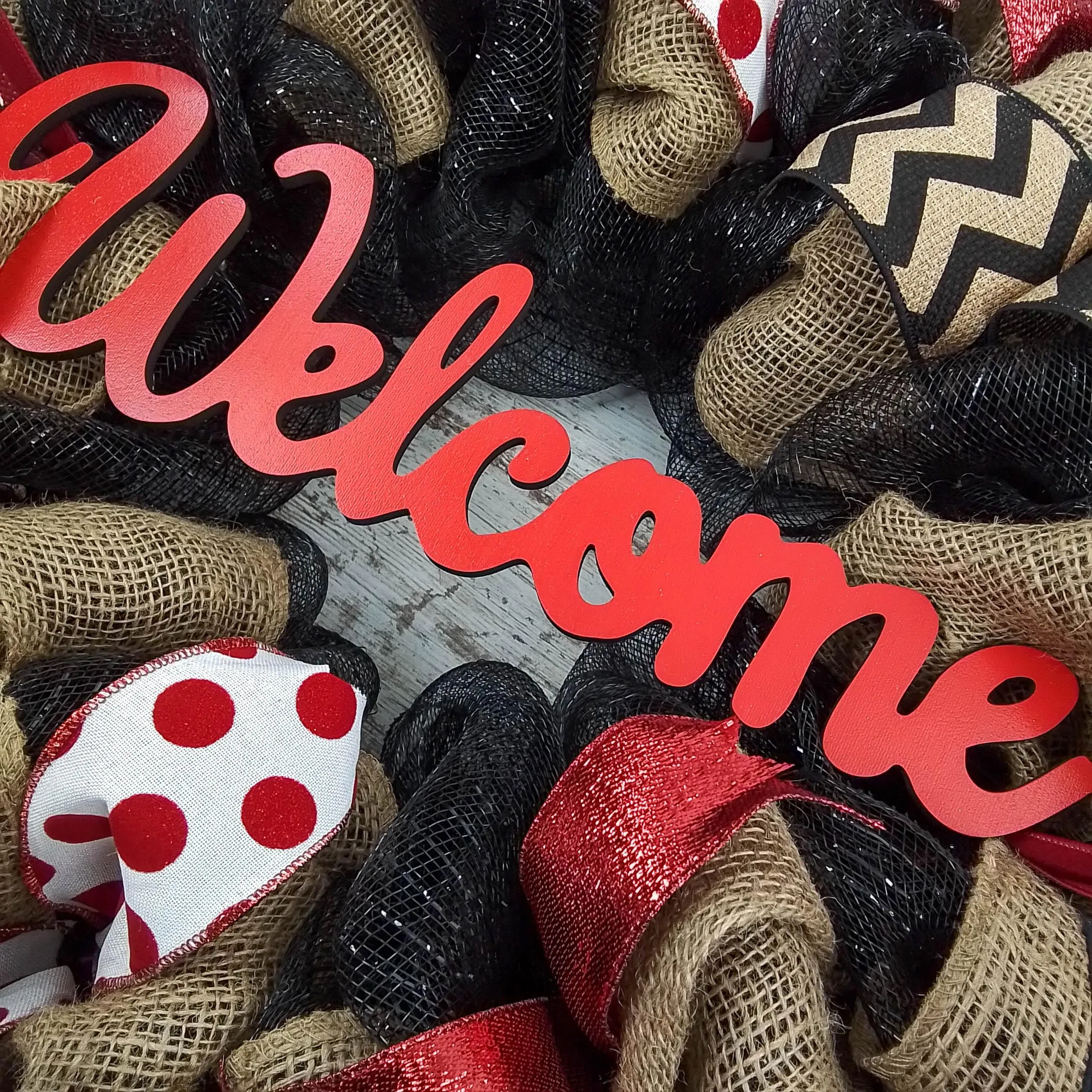 Black Red Burlap Welcome Mesh Outdoor Front Door Wreath - White Chevron