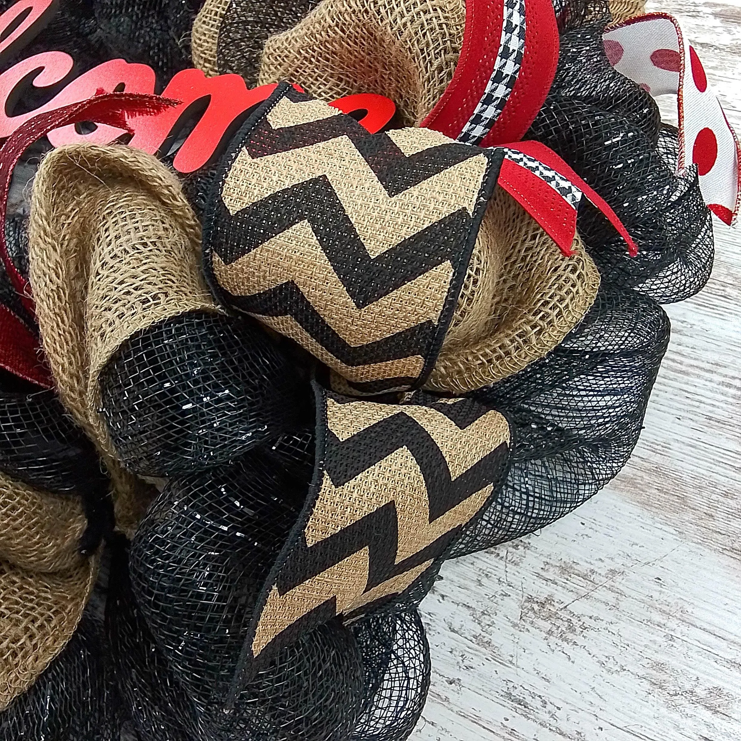 Black Red Burlap Welcome Mesh Outdoor Front Door Wreath - White Chevron
