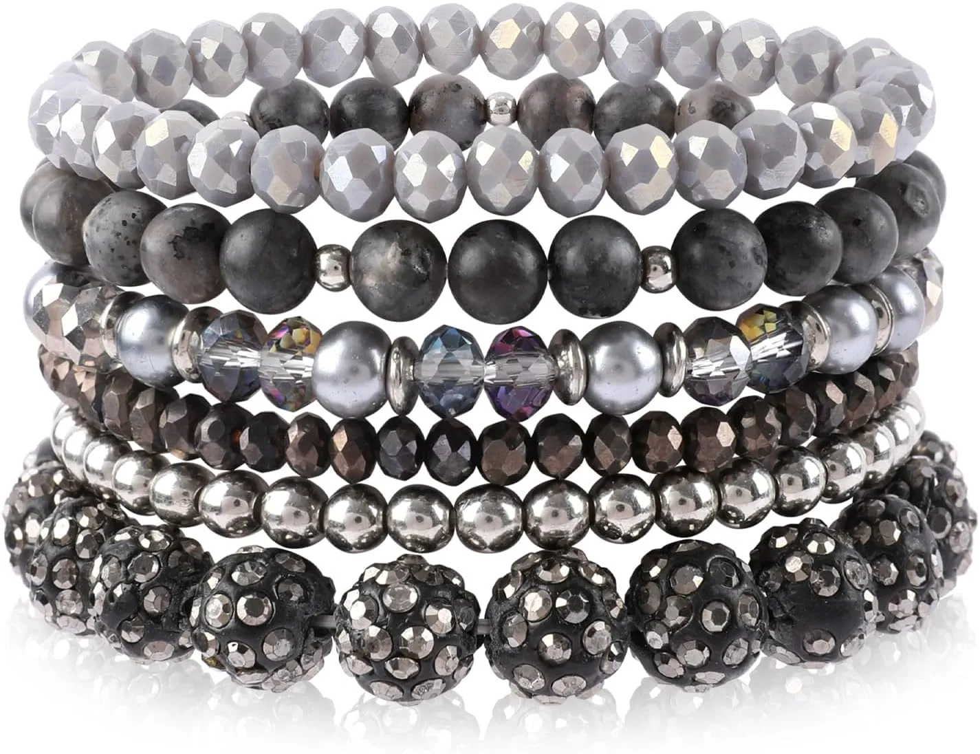 Bohemian Black Beaded Bracelets for Women Multilayer Disco Ball Bead Stretch Bracelets Handmade Boho Stackable Glass Beads Shiny Statement Bracelet Set Fashion Party Jewelry Gifts for Women