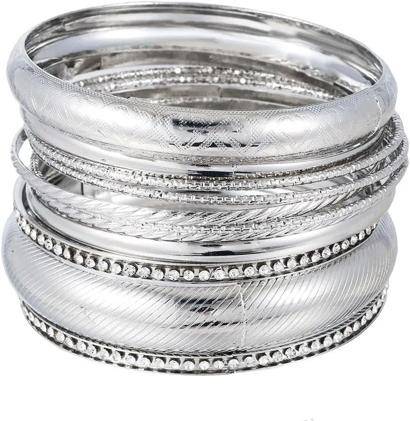 Bohemian Silver Bangle Bracelets Set for Women- Multi Layer Stackable Textured Bracelet Retro Indian Chunky Cable Twisted Wristband for Women Best Friend Wedding Bridal Birthday Party Gift